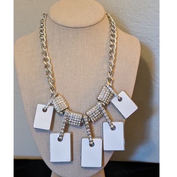 Traci Lynn Rhinestone White Tile  Silver Tone Chunky Chain Statement Necklace - Picture 1 of 6